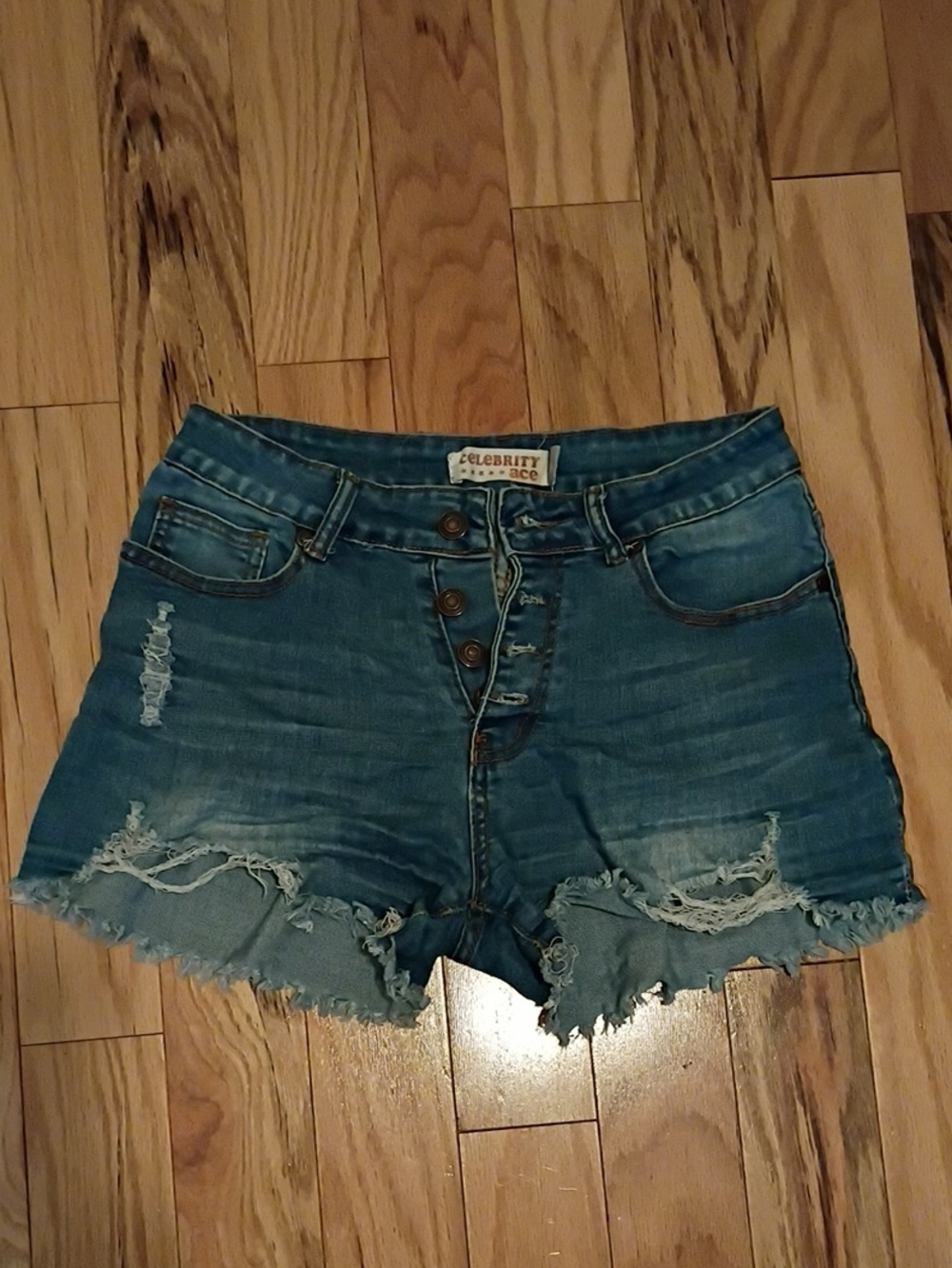 Celebrity Ace Medium Blue Distressed High-Rise Button-Fly Jean Shorts